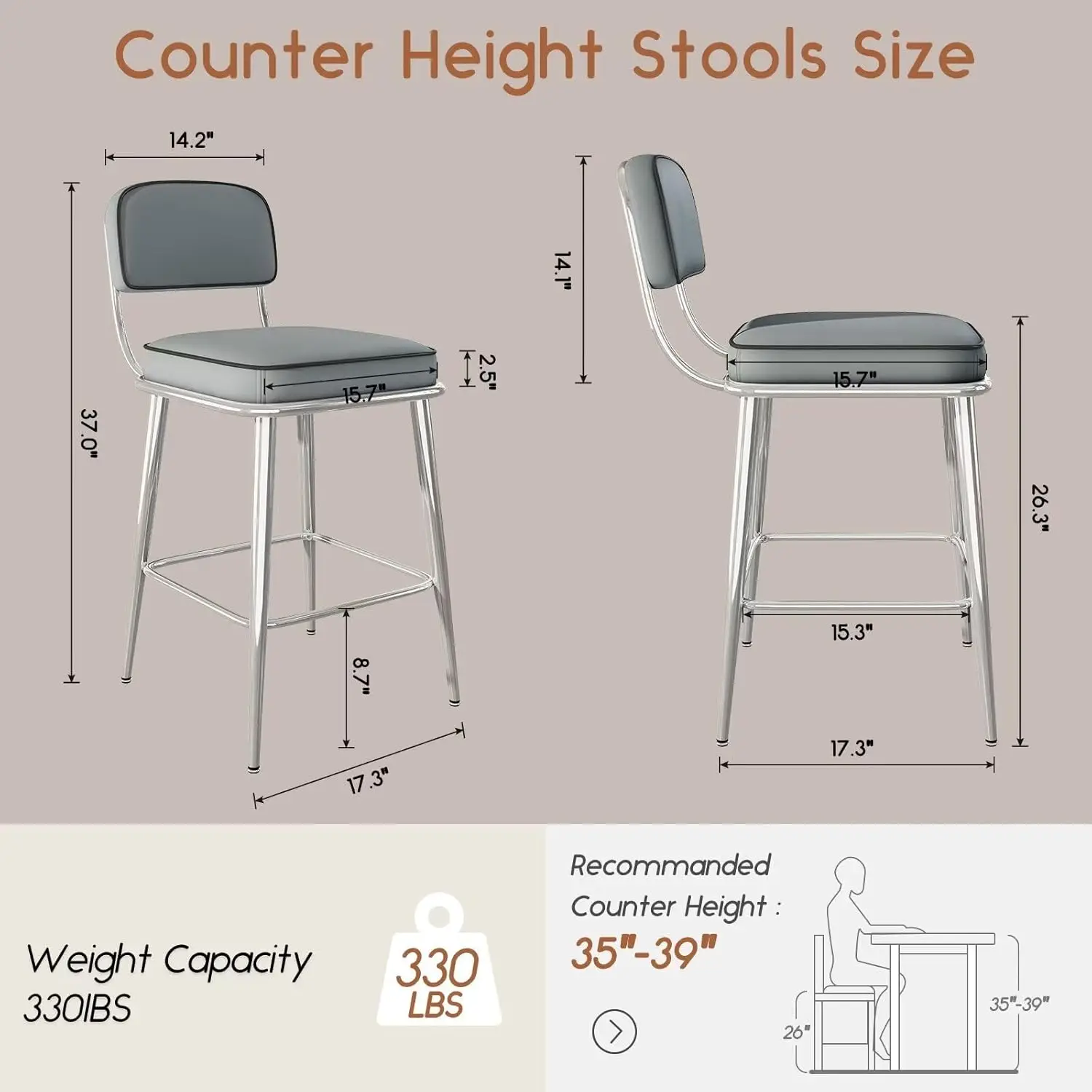 26 inch Counter Height Stools with Backs and Metal Legs, Upholstered Pu Leather Barstools for Kitchen Island, Pub, Grey