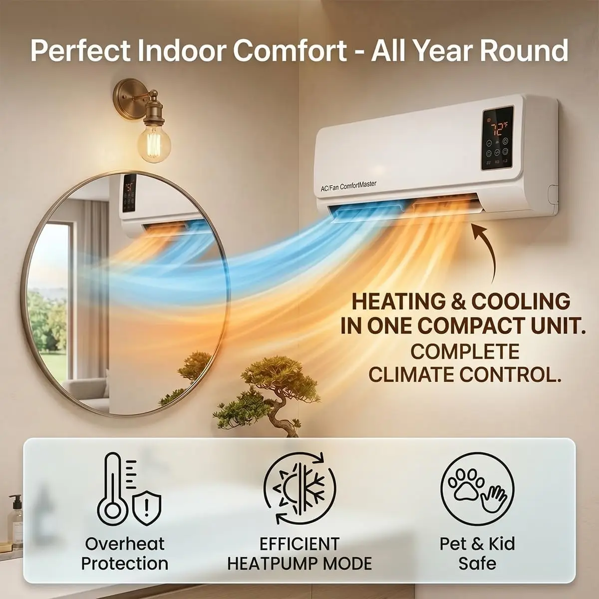 1800W Wall Mounted Air Conditioner Fan and Heater Combo, Portable Ductless Wall Mounted AC Unit 2-in-1, Quiet Smart Room Heater with Timer No Window Needed for Office Baby Room(White)