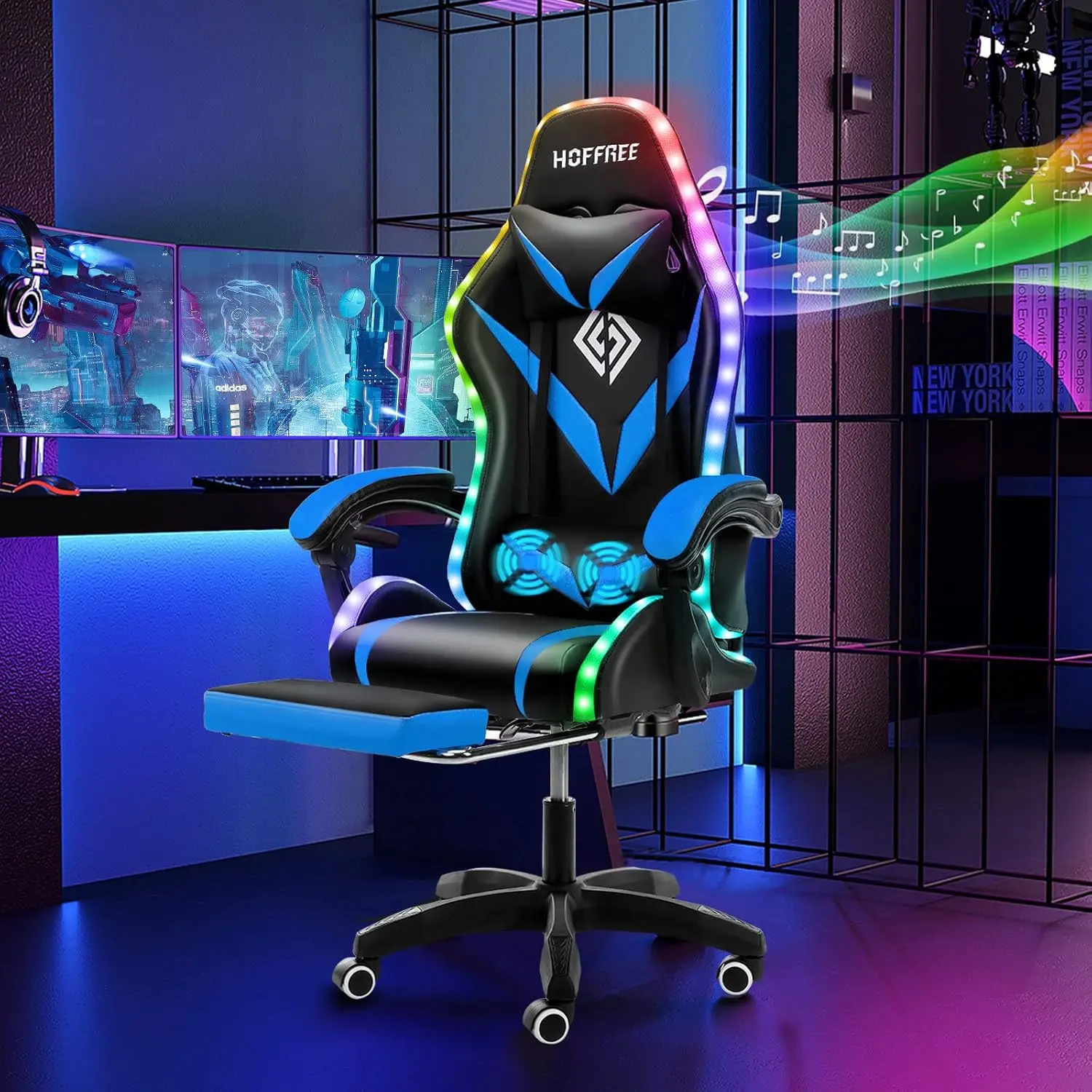 

Gaming Chair Massage with Bluetooth Speakers and Led Lights Ergonomic Computer Gaming Chair with Footrest RGB Video Game Chair