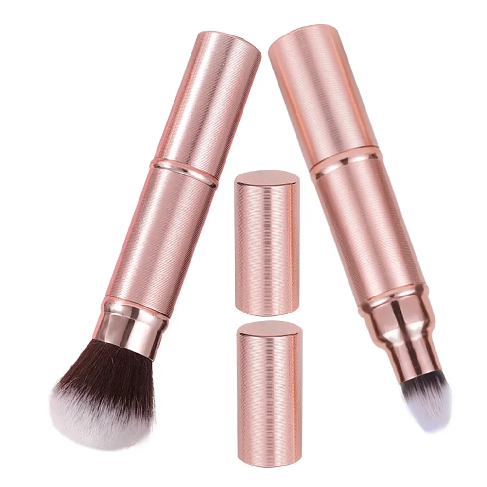 2Pcs Portable Double Sided Makeup Brush Retractable Foundation Blush Brush with Cap Soft Bristles Compact Travel Friendly