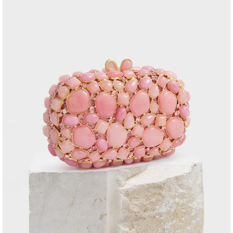 Bolso de mano de concha rosa para mujer, monedero de piedras para mujer, monederos de diamantes de imitación para fiesta y cena, bolsos de noche de cristal