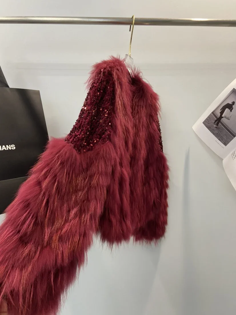 جديد الراكون الشعر سيارة شرائط معطف جلد فاخر خفيف للنساء + تصميم الترتر الصناعة الثقيلة