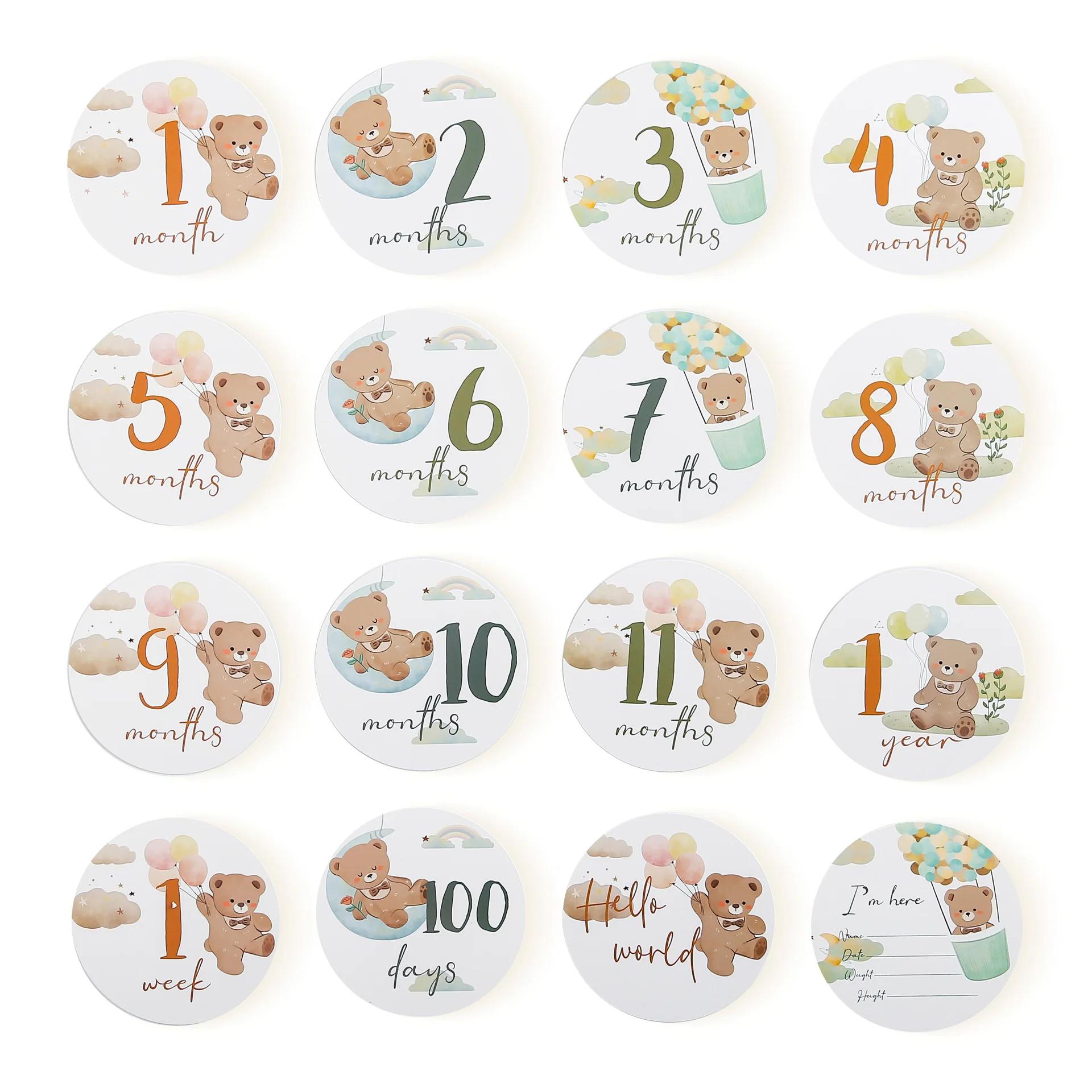 بطاقات معلم للأطفال حديثي الولادة بتصميم تيدي بير - دعائم صور مستديرة لـ 100 يوم، اكتمال القمر والاحتفال بعيد الميلاد