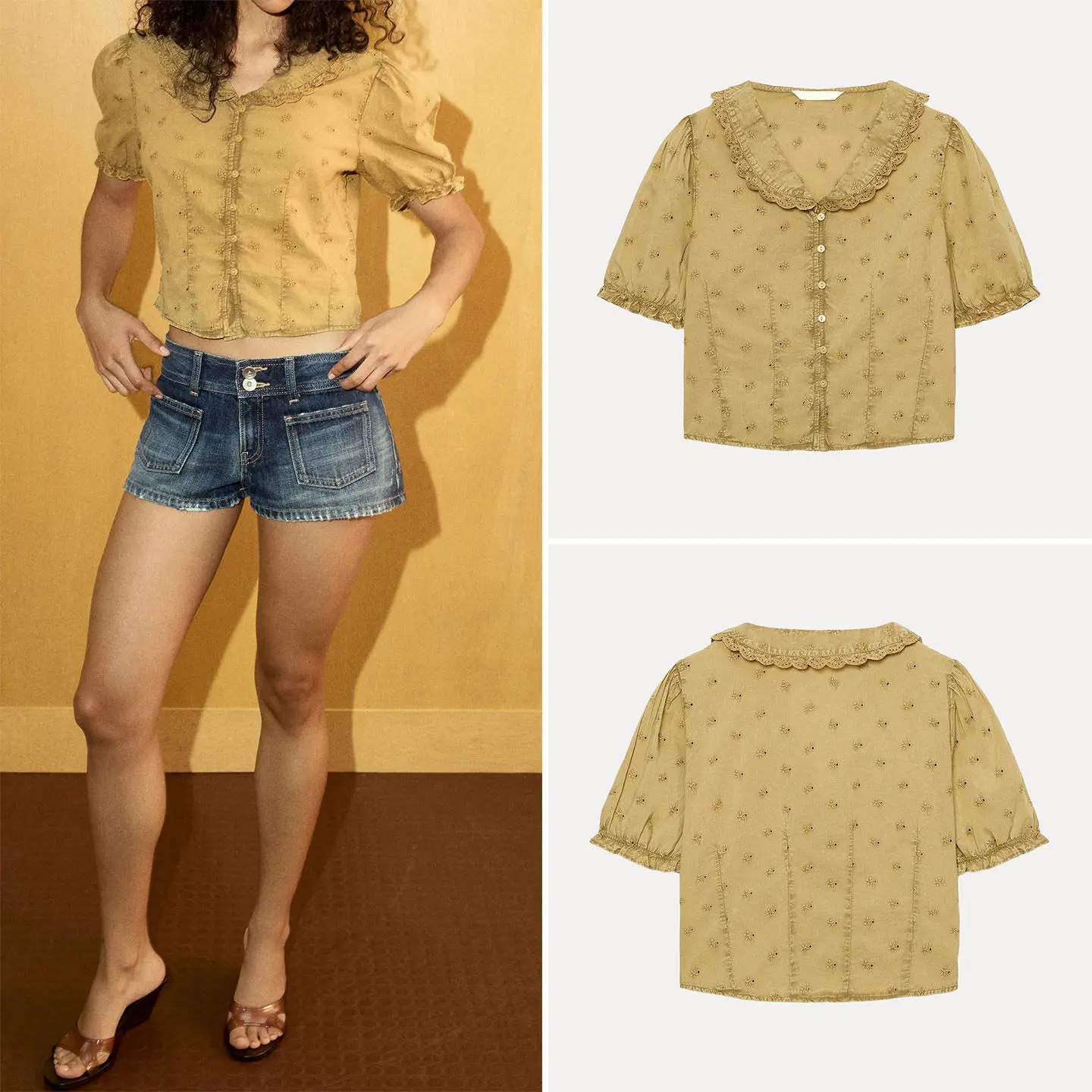 

Casual Style Loose Bubble Sleeve Embroidered Collar Shirt Women's Fashion Spring New Arrival ZADATA Brand Short Sleeve Open C...