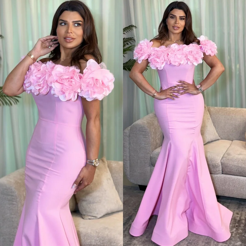 

Customized Mermaid Pink Evening Dress Temperament Off the Shoulder Flowers Homecoming Dresses Fashion Special Occasion Gowns