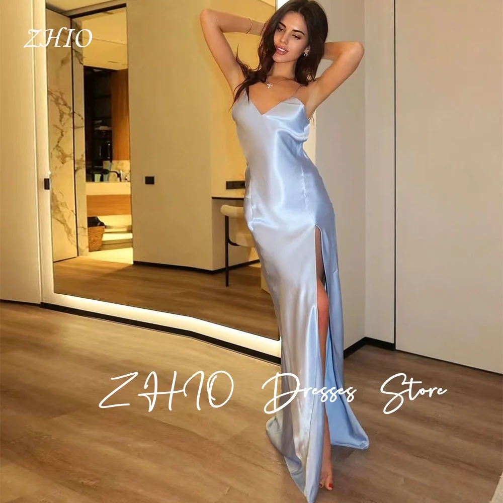 ZHIO Gaun Malam Biru Elegan Gaun Pesta Ulang Tahun Acara Khusus Satin Celah Samping A-Line Punggung Terbuka Tali Spaghetti Disesuaikan