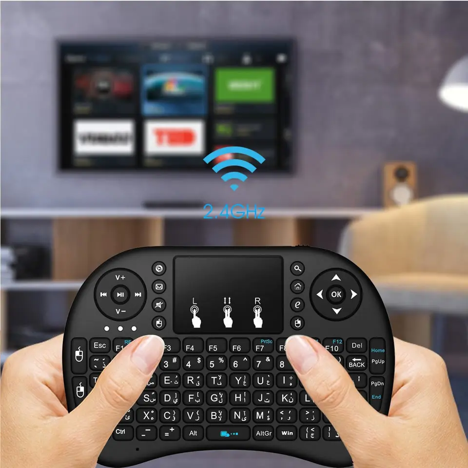 I8 Mini Teclado Sem Fio Retroiluminado, 2.4G Air Mouse, Touchpad Remoto para Android TV Box, PC, Inglês, Russo, Francês, Espanhol, Português