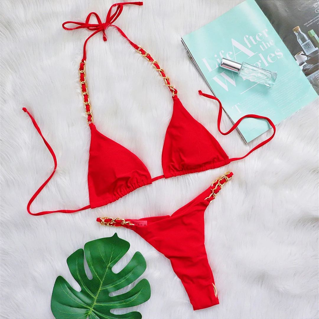 Metallring-Neckholder-Bikini mit Scrunch-Butt-String, Damen-Badeanzug, zweiteiliger Bikini-Set, Badebekleidung, Badeanzug, Schwimmbikini V4391 – Detail 22