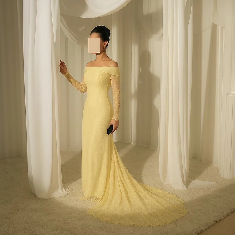 

Customized Boat Neck Straight Women's Evening Dress Lace ILLUSION Full Sleeves Party Dress Sweep Train Floor Length Prom Gown