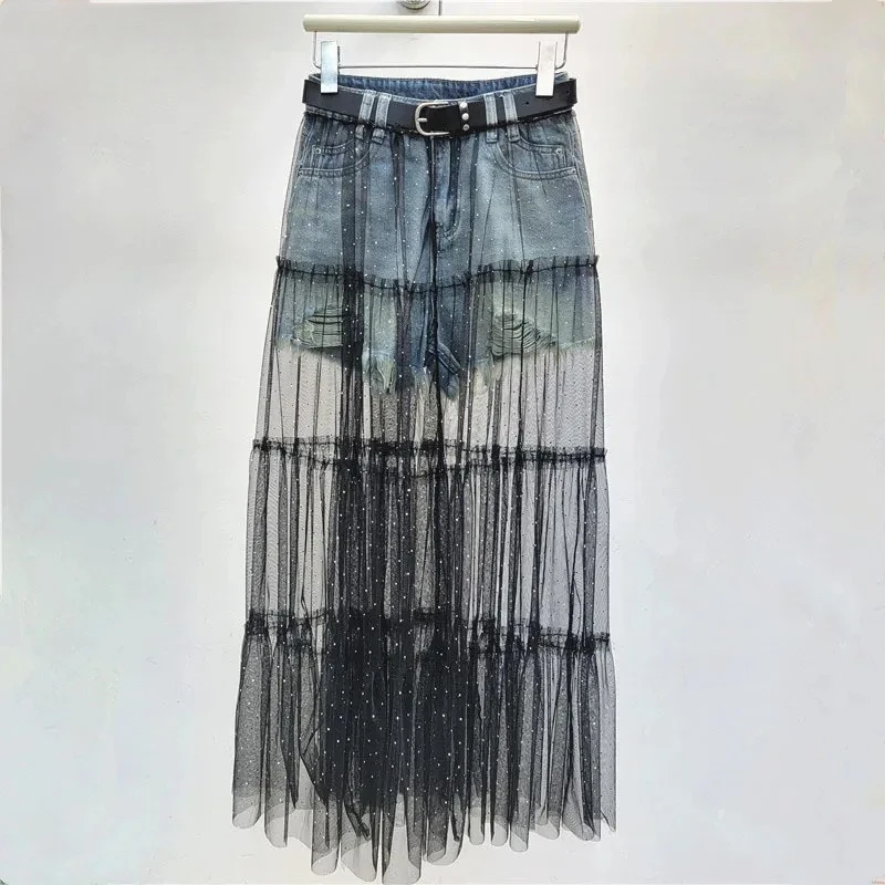 2025 Summer New Fashion Hot Diamond Mesh Skirt Splicing Denim Shorts For Women Versatile Mid Length Skirt Female 11A04633