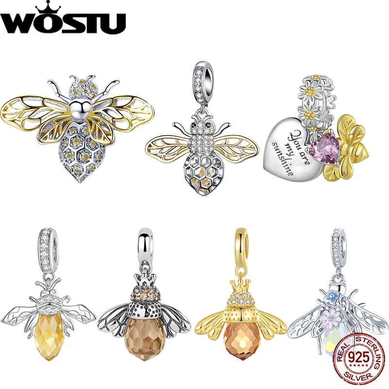 WOSTU 925 Sterling Silver Gold Plating Bee Pendants Crystal Clear Insect Zircon Charms Fit Original Bracelet Bangle Jewelry Gift