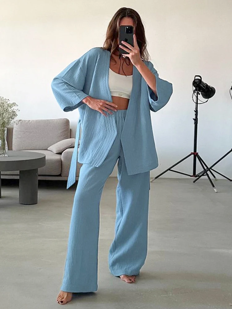 

HiLoc Autumn Solid Cotton Pants Nightwears Suits Female Casual Green V-Neck Lace-Up Tops Elegant Blue High Waist Trouser Pajamas