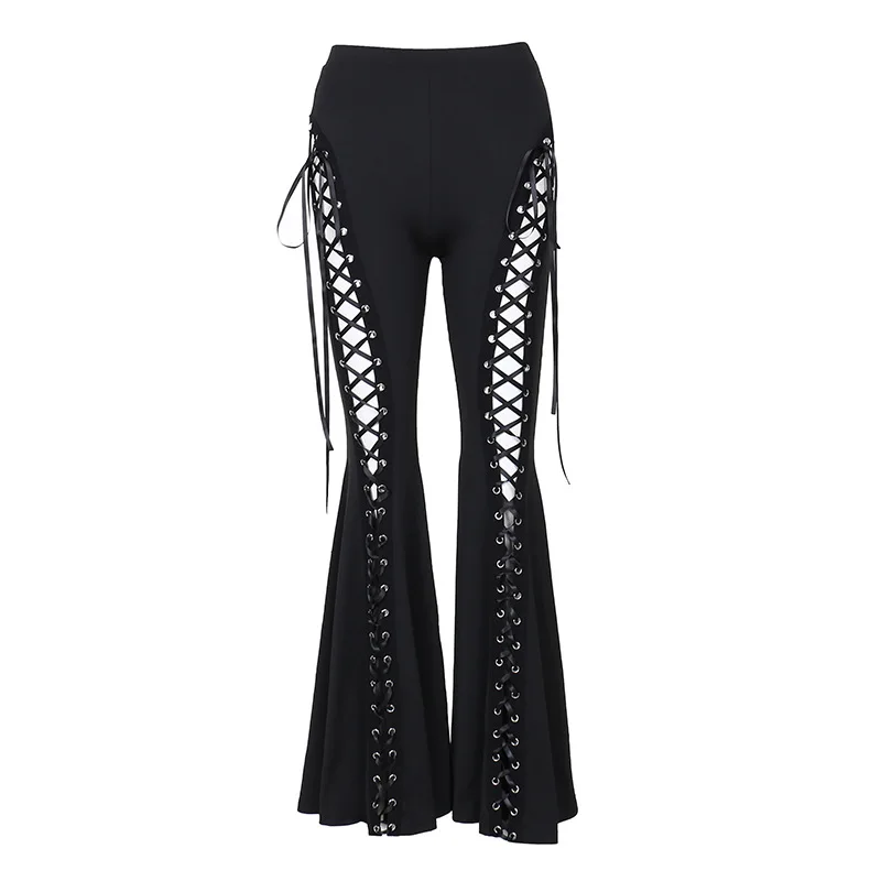 Sexy Punk Flared Pants Long Trouser Women Lace Up Front Hollow Cut Out Bell Bottom Tied Up High Waist Streetwear