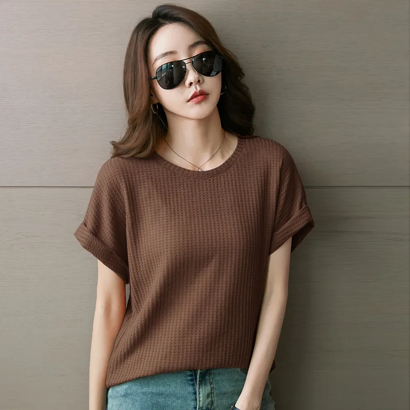 

New T Shirts Women Raglan Short Sleeve Round Neck Waffle Solid Summer Female Clothing Loose Casual Tops Tees Camisetas Mujer