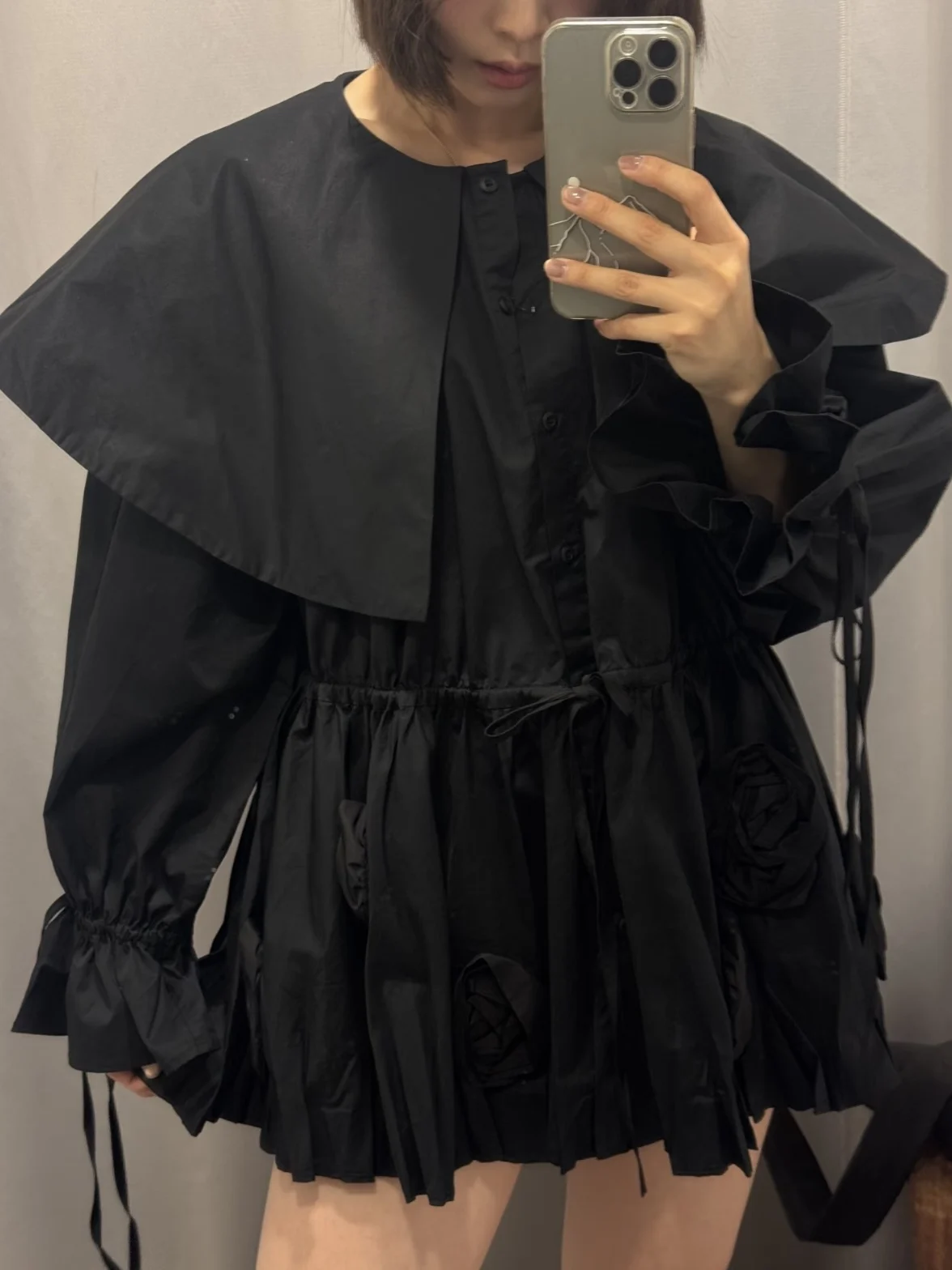 Dark Cloak Style Flower Pleated Large Collar Shirt Women's Loose Fit Long Sleeve round Neck Plant Patterned Kirikomi Home