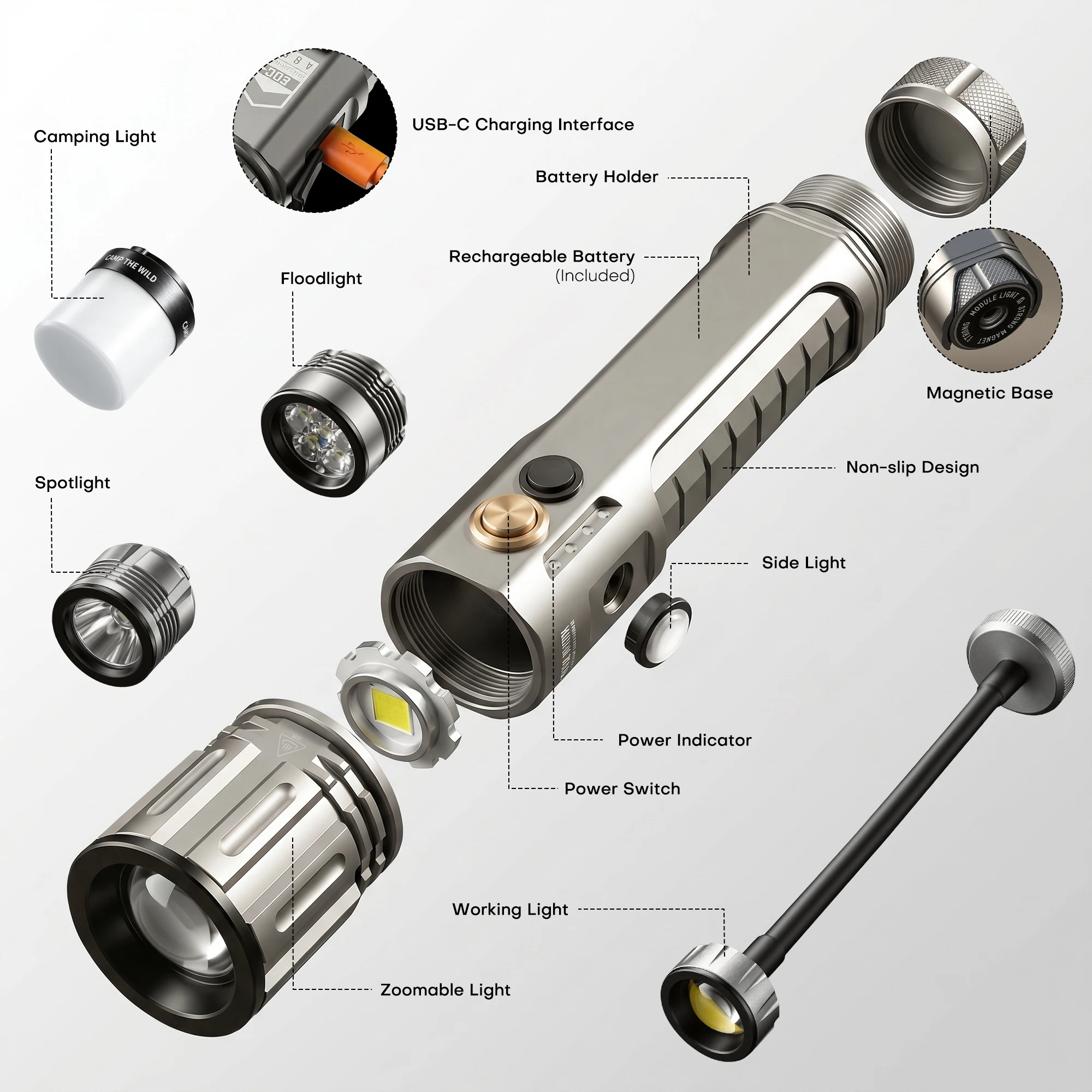 2300 Lumens Rechargeable Flashlight with 5 Interchangeable Heads Zoomable Side Light Magnetic Base Type-C Charging with Shockpro