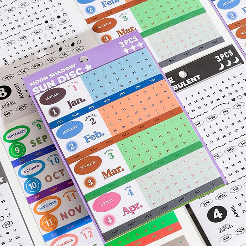 3Sheets Simple Perpetual Calendar Series Waterproof Stickers Month Display Stickers Office Home Decorations Calendars Gifts