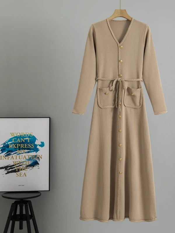 Wiosna 2025 Nowa Dzianinowa Bluza Dr. Loose Długi Sweter Jednorzędowy z Wysokim Stanem Wyszczuplający Warstwa Bazowa Długi Miękki Sweter z Dekoltem w Serek H-S...