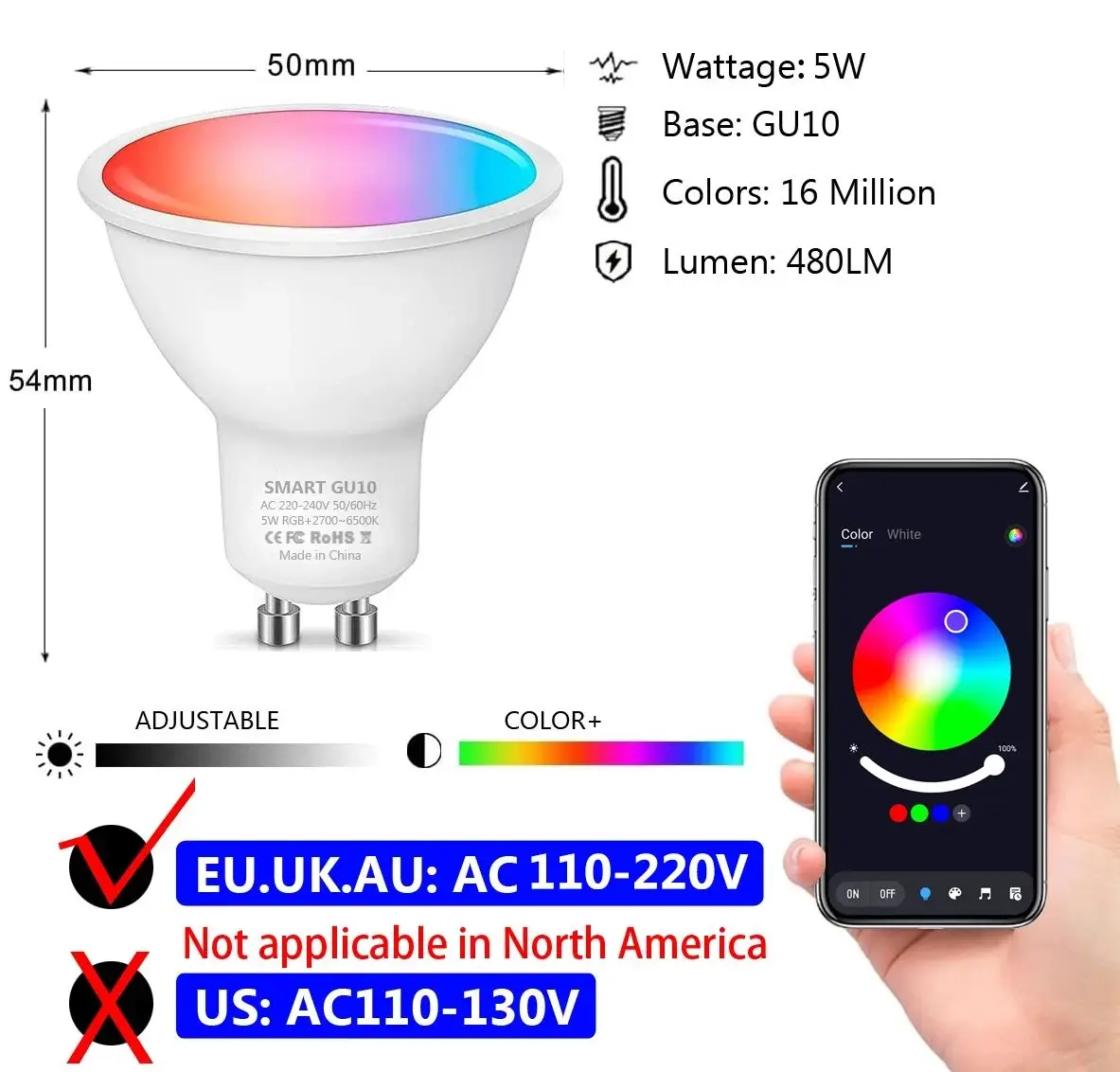GU10 LED Bulb Dimmable RGB Colour Changing Smart Bulbs 220V 5W Bluetooth Smart Life APP Control LED Light Bulb For Room Home