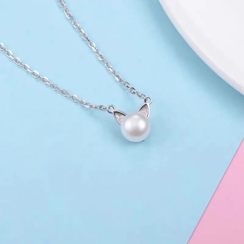 Fashion 925 Sterling Silver Jewelry Temperament Pearl Cat Cute Animal Beautiful Pendant Necklaces   XL166