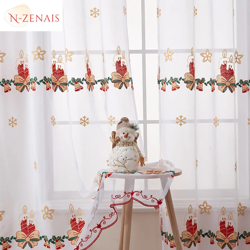 Luxury American Christmas Snowflake Embroidered Window Screen Sheer Curtains for Living Dining Room Bedroom Custom Size Elegant