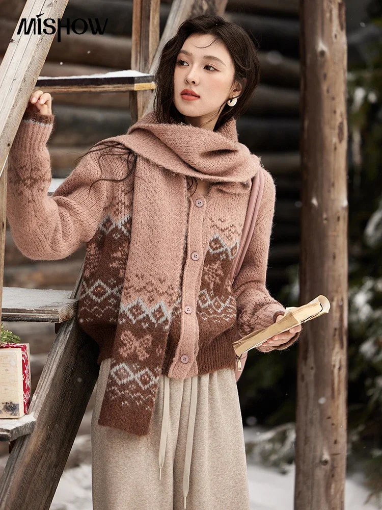 

MISHOW Fair Isle Knitting Sweater Christmas Retro Cardigan Women Temperament Turn Down Collar Soft Warm Knitted Coat MXD58Z1036