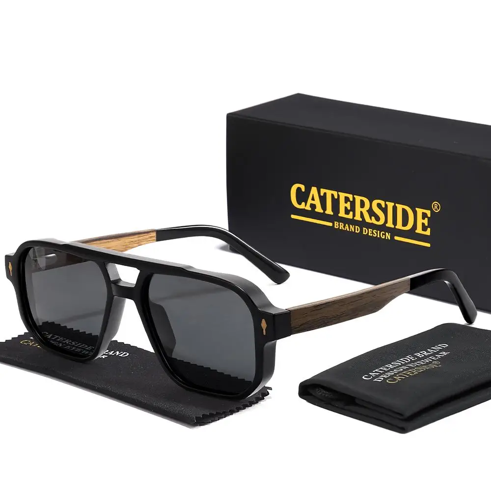 CATERSIDE Modische polarisierte Sonnenbrille für Herren, Holzbeine, flaches Doppelbrücken-Design, Sonnenbrille für Damen, Outdoor-Sommerbrille – Detail 17