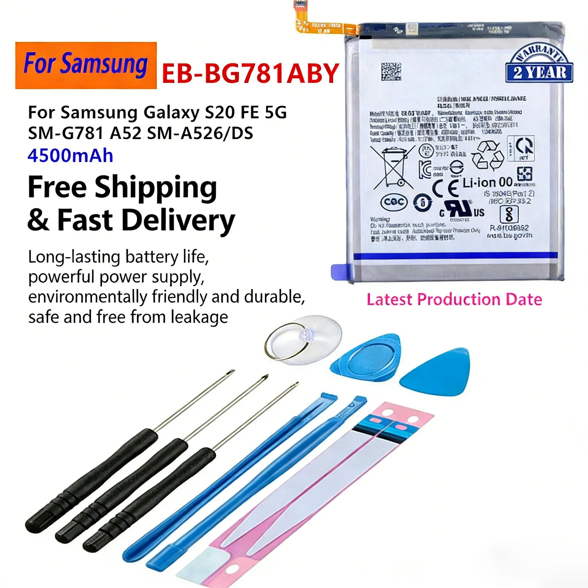 

For Samsung Galaxy S20 FE 5G SM-G781 A52 5G Replacement Battery EB-BG781ABY 4500mAh Phone Battery With Repair Tools
