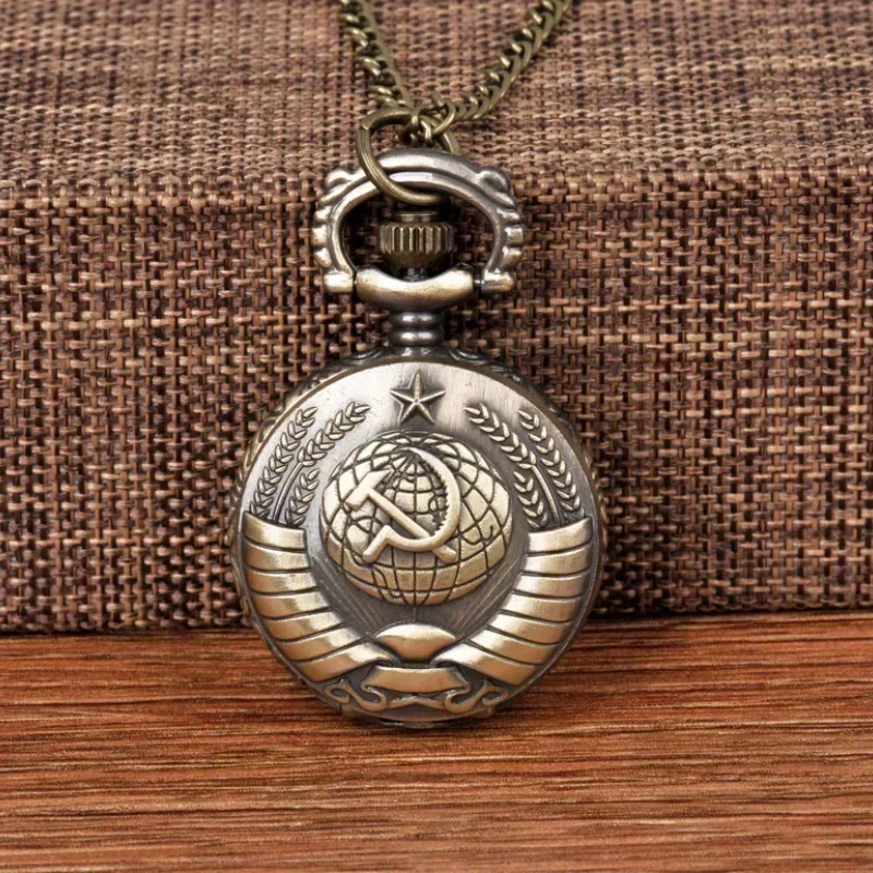 2024 NEW Soviet Sickle Hammer Style Quartz Pocket Watch Necklace Bronze Pendant Clock CCCP Russia Emblem Communism Top Gifts