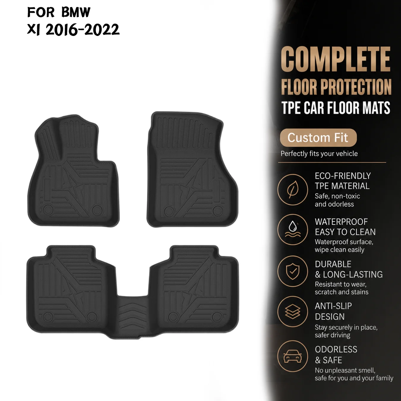 [LHD]BMW X1 2016-2022 Four Seasons Waterproof and Anti-Slip TPE Floor Mat for Cars.