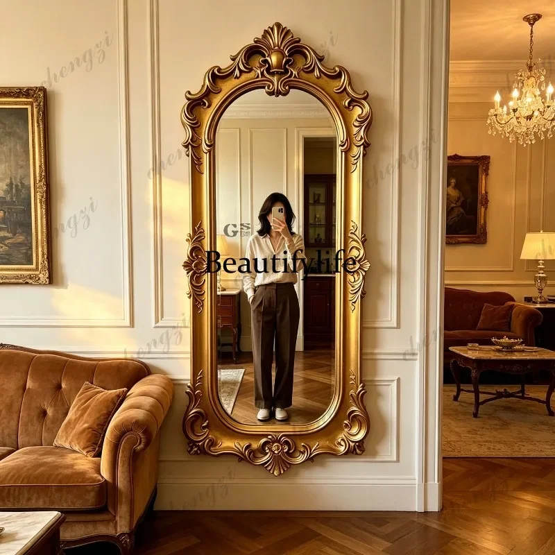 R French retro carved whole body, wall-mounted bedroom dressing mirror European style, floor-to-ceiling mirror cloakroom fitting