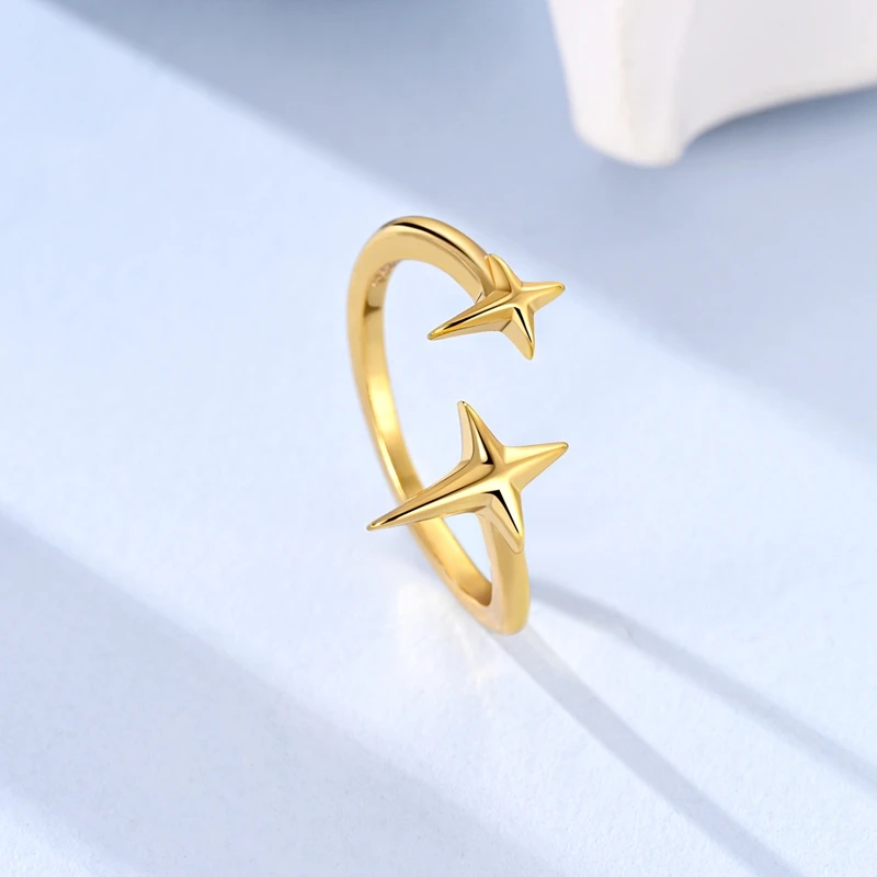 Original 925 Sterling Silber Gold Lucky Star Offene Ringe für Frauen und Mädchen, Schmuck, Geburtstag, Jahrestag, Geschenke