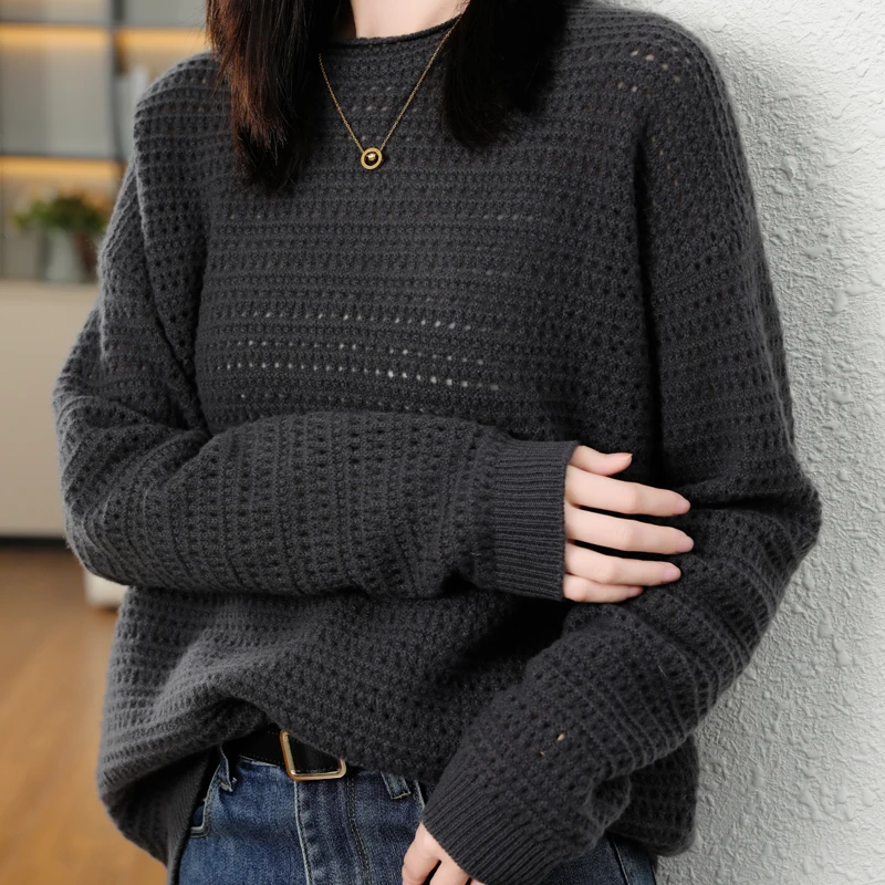 2024 Autumn/Winter New 100% Merino Wool Hollow Out Sweater Women\'s Clothing Korean Luxury Loose Large Cashmere Knitted Pullover
