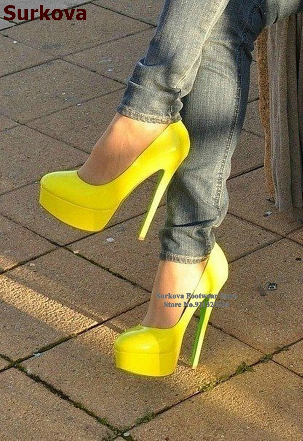 Surkova Neon Pink Yellow Mirror Leather High Heel Shoes Stiletto Heel Platform Wedding Pumps Luxury Slip-on Evening Footwear