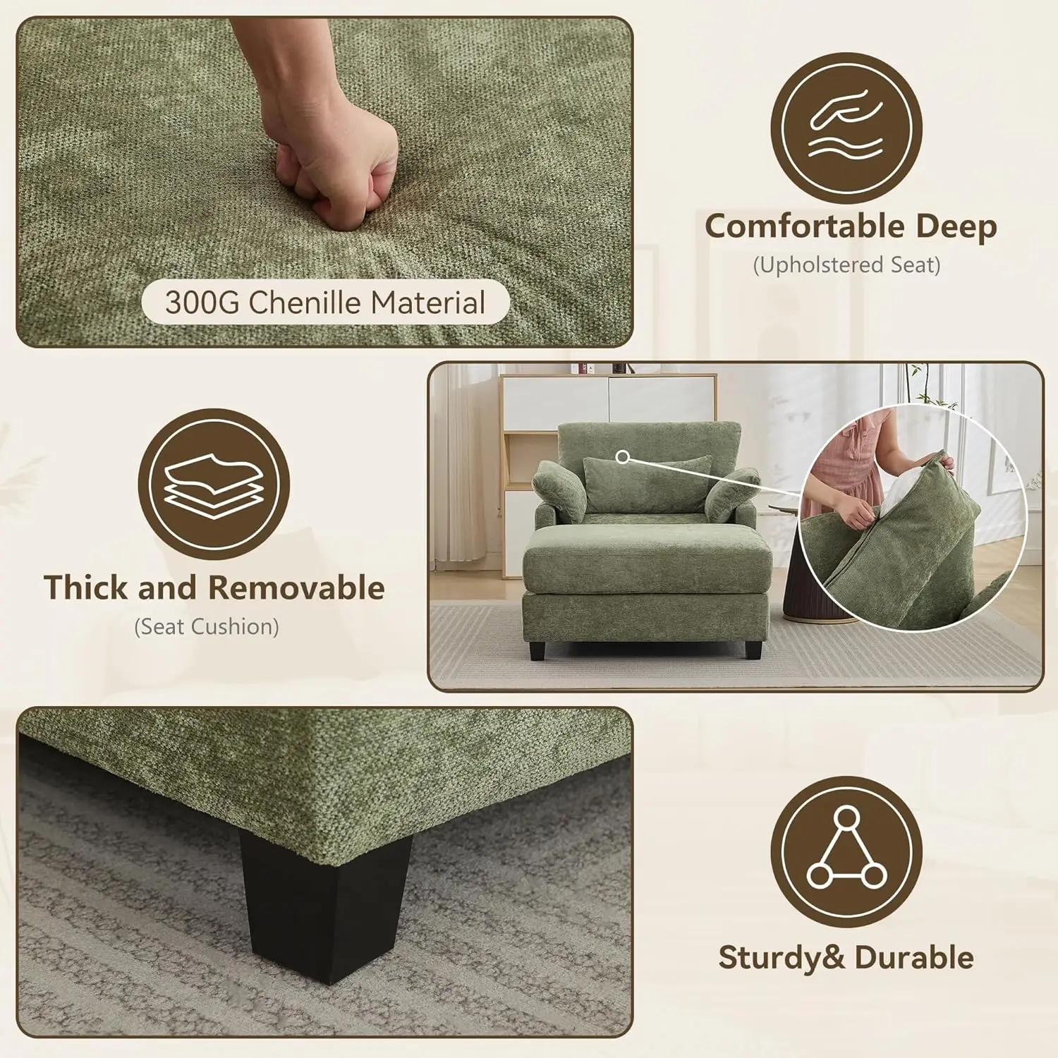 كرسي استرخاء كبير الحجم مقاس 57.5 بوصة مع داخلي عثماني، كرسي قراءة أخضر مع مسند وسرير أريكة، نوم مريح منجد بالشنيل