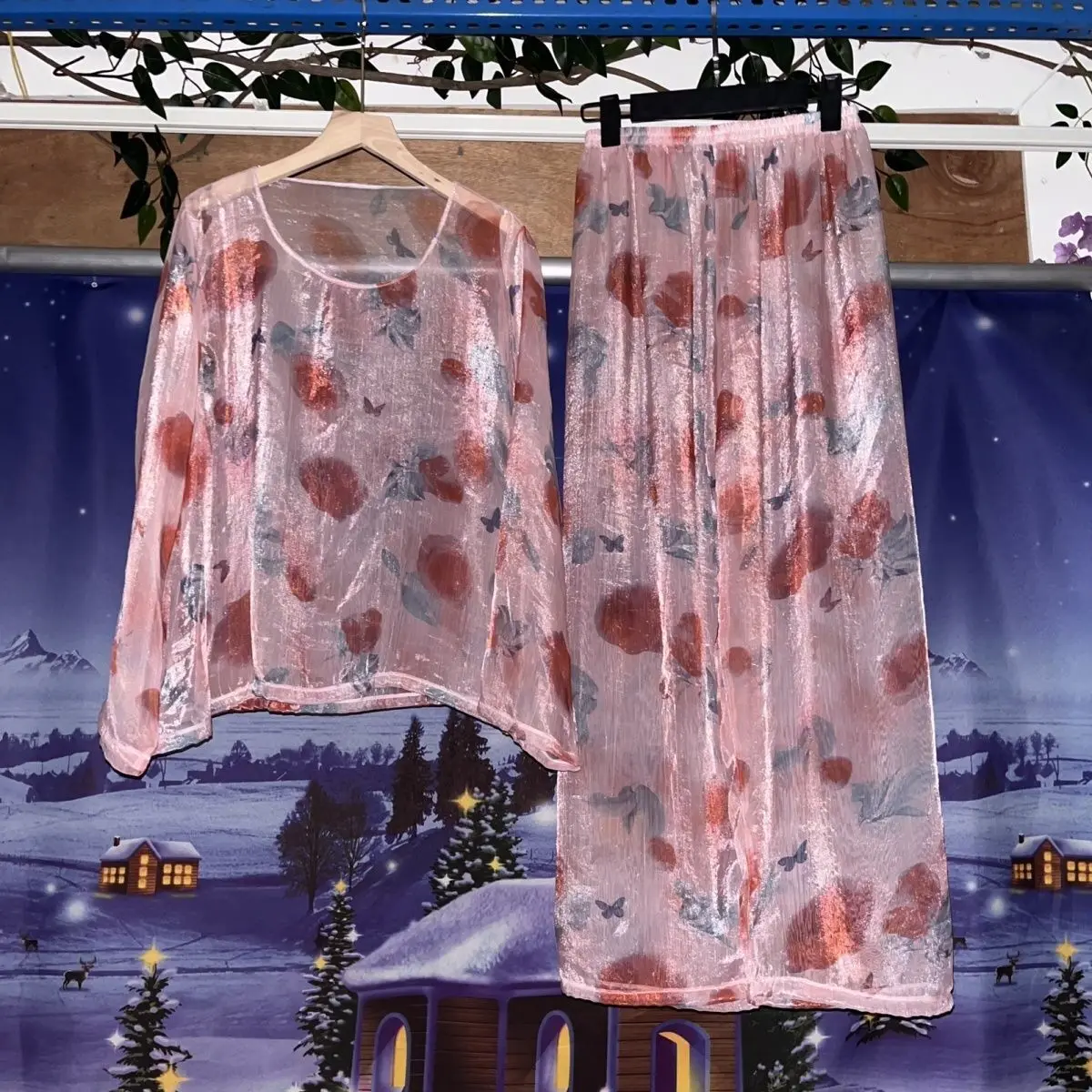 

See through floral chiffon mesh pajamas two-piece set Women long sleeve loose sleeping plus size top pants