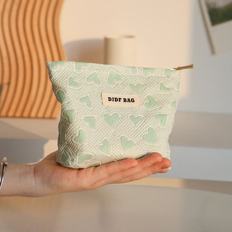 Green love for women's makeup bag double canvas zipper cosmetics storage bag travel toiletry bag commuter liner bag coin purse