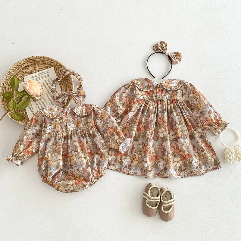 2024 Autumn Girls Dress Flower Print Vintage Children Dresses Newborn Cute Romper Baby Girsl Doll Collar Clothes Sister Matching