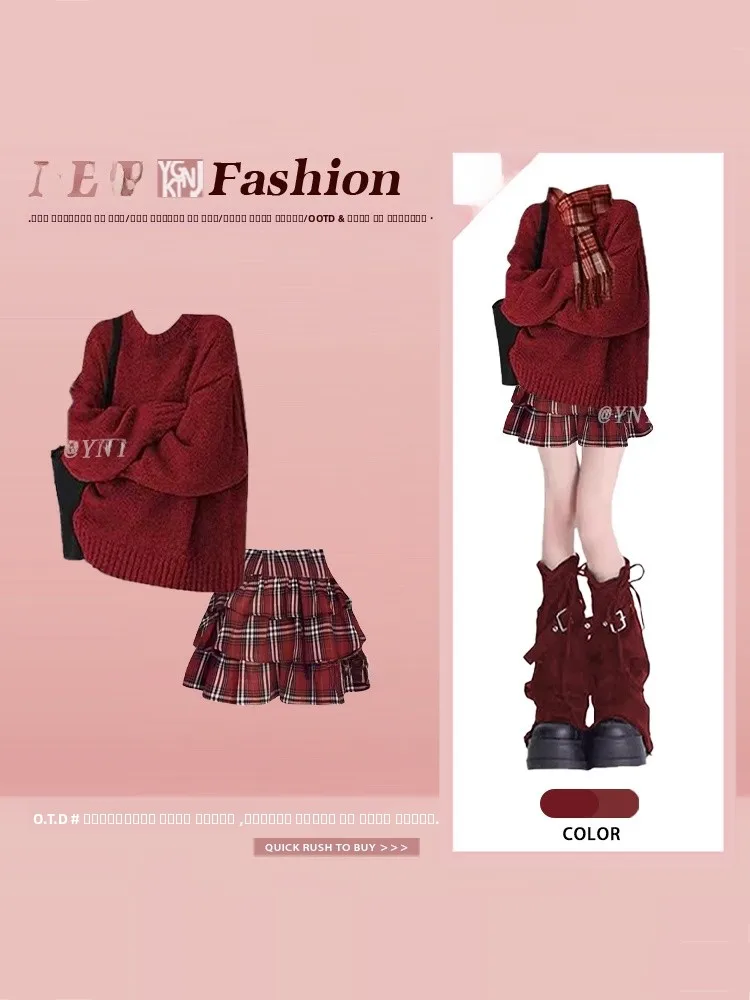 

Красный клетчатый комплект: свитер и юбка для женщин больших размеров, утягивающий, новогодний, с высокой талией, короткая юбка, длинный рукав, свободный крой, зимняя мода