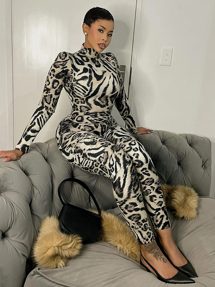 

Nibber персиковый комбинезон с леопардовым принтом, женский осенний трендовый комбинезон с воротником и длинными рукавами, обтягивающий хит, полночный сексуальный модный комбинезон