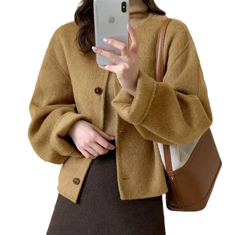 معطف كاميرا دافئ ذو وجهين معطف كاميرا مستدير Ne كوري Sle ملابس خارجية للنساء معطف صوفي للسيدات للشتاء