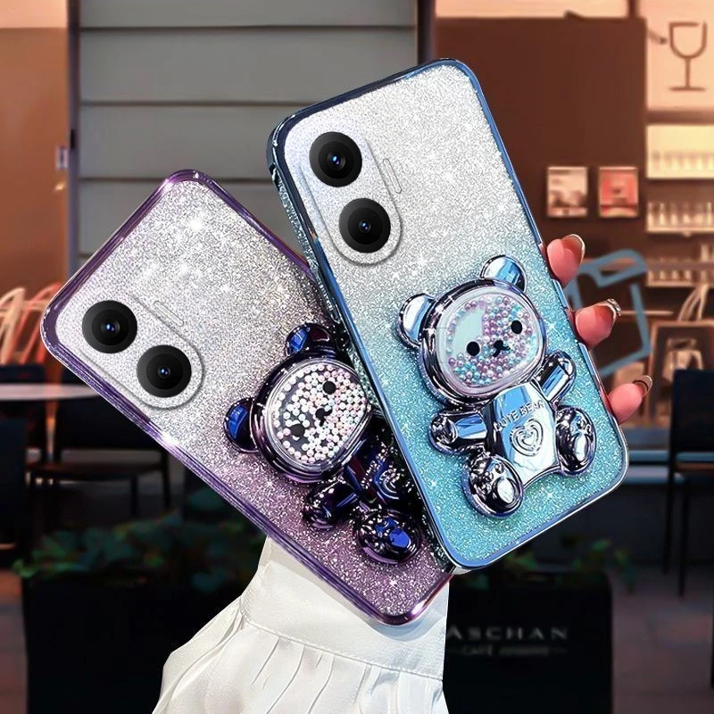 

Cute Bear Bracket Plating Phone For Xiaomi Poco F7 Pro Ultra 5G Holder Case for Xiaomi Poco F7 Ultra Pro 5G Clear Stand Cover