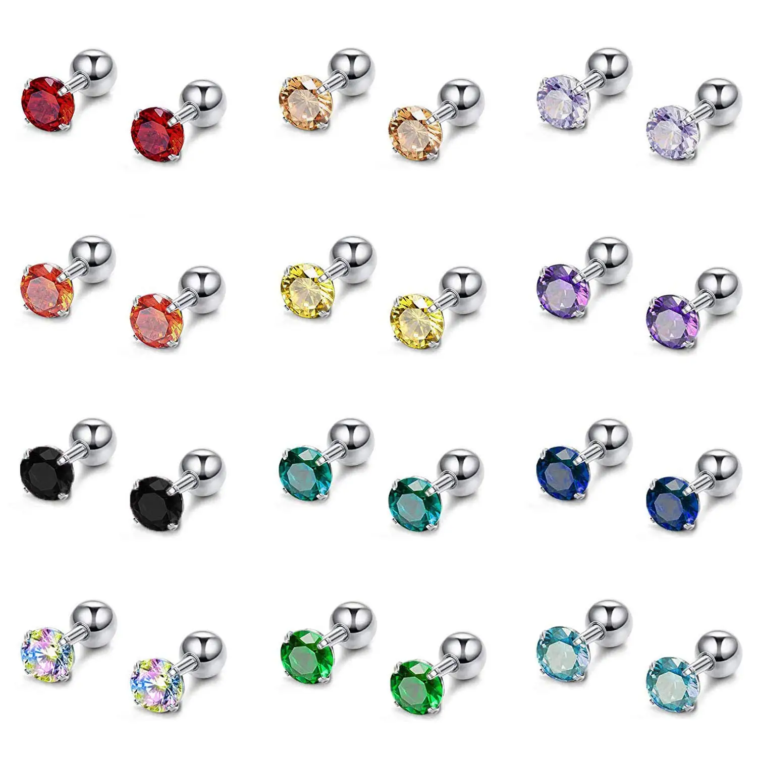 1 Pair CZ Ear Stud Mixed Colors Cartilage Earrings Set Stainless Steel Barbell Studs Earrings Helix Tragus Piercing 2-8mm