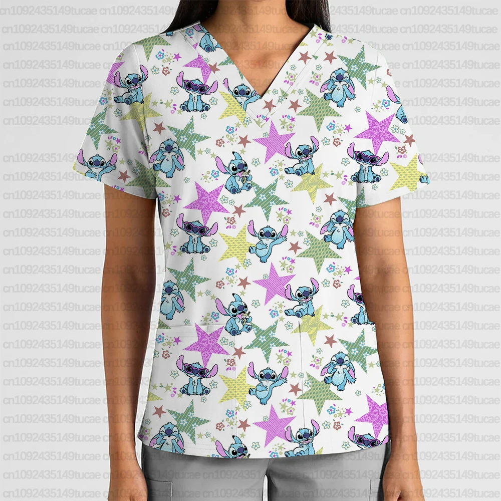 Uniforme de enfermeira de viajante feminino disney ponto dos desenhos animados uniforme de enfermeira impresso com decote em v bolso esfrega topo dental salão de beleza camiseta