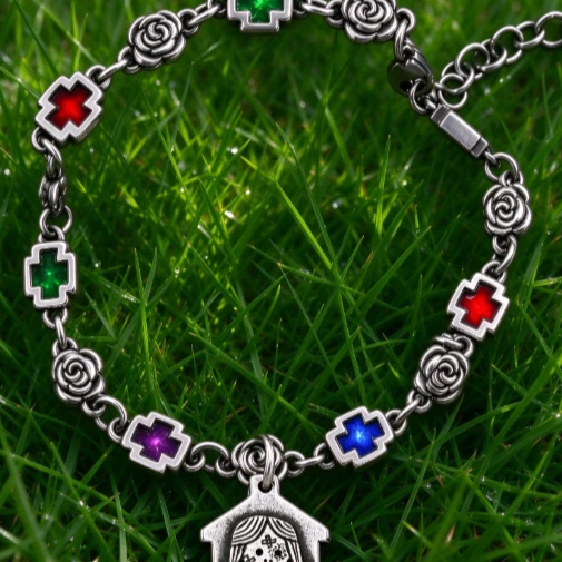 Vintage Silver Charm Bracelet Women Rose Flower Chain Colorful Enamel Cross Heart House Book Pendant DIY Jewelry  Mother Day Gift