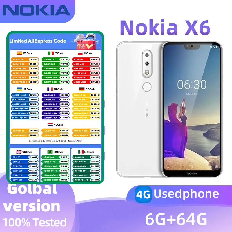 Nokia X6 4G SmartPhone CPU Qualcomm Snapdragon 636  Battery capacity 3060mAh 16MP Cameraoriginal used phone