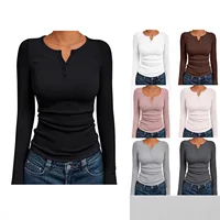 Camiseta ajustada de manga larga para mujer, Top de estilo básico acanalado con cuello Henry, otoño 2025, a la moda