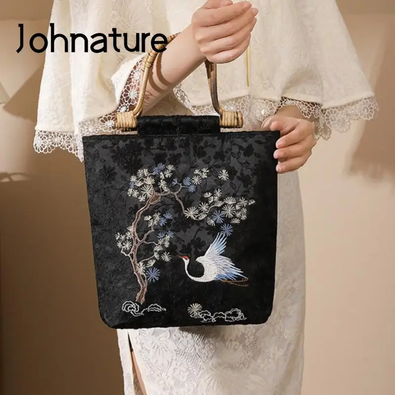 Johnature Exquisite Embroidered Women Handbag 2024 New Chinese Style Antique Cheongsam Bag Large Capacity Bucket Bag