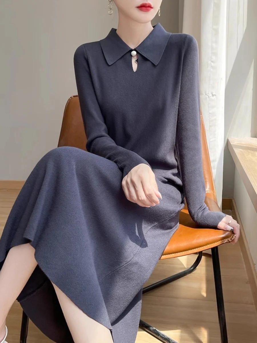 긴 니트 드레스 여성용 가을 겨울 블랙 미디 무릎 길이 칼라 니트웨어 드레스 하이 웨이스트 A라인 스커트 단품