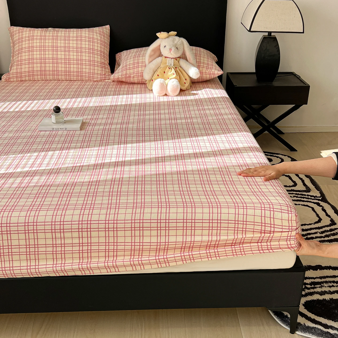 Double-layer Gauze Fitted Sheet Striped and Checkered Printed Bed Sheets Single/Queen Size Soft Fitted Bed Sheet roupa de cama